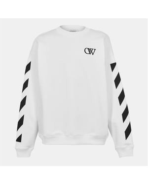 Men's Off White Crew Neck Drop Shoulder Long Sleeve Sweatshirt in White-Black