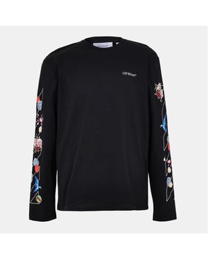 Men's Off White Embroidered Crew Neck Long Sleeve Jersey T-Shirt in Black-White