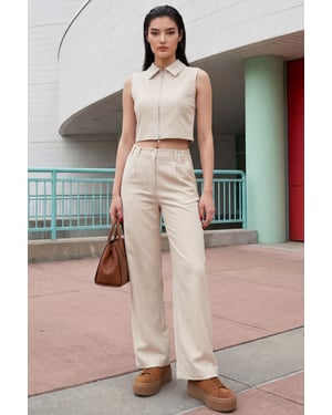 Mouwloze ritsvest en brede broek twee-delig coord set