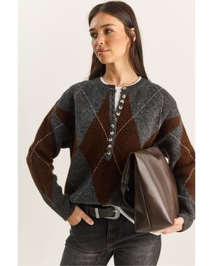 Knit Crew Neck Sweater with Button Closure