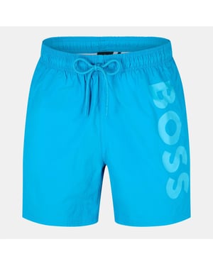 Men's Boss Octopus Swim Shorts With Bold Branding in Turquoise/Aqua