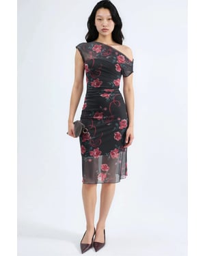 Asymmetrische Kraag Bloemige Midi Jurk