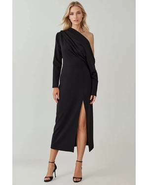 Asymmetrische Kraag Bodycon Midi Jurk met Splits