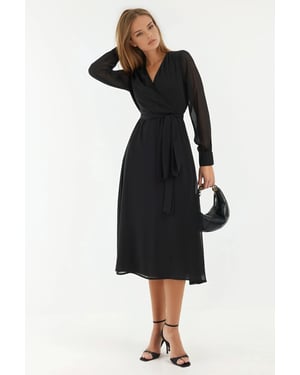 Double Breasted A-Lijn Tulle Midi Jurk met Tailleband