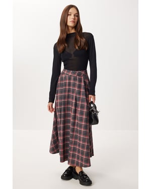 Geruite Hoge Taille Plissé Midi Rok