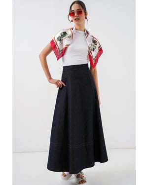 Hoge Taille Denim A-Lijn Maxi Rok met Zakken