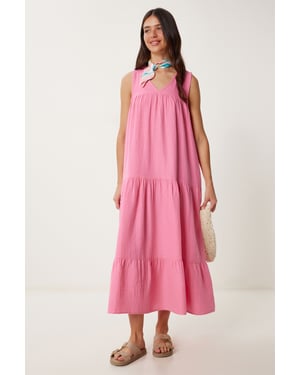 Rimpelige V-hals Midi-jurk