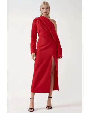 Asymmetrical Collar Bodycon Midi Dress with Slit