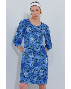 Geborduurd Bloemen Midi-jurk met Driekwart Mouwen