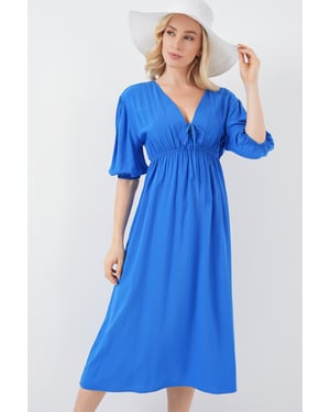 A-Form Fit Midi-jurk met V-hals en binddetail