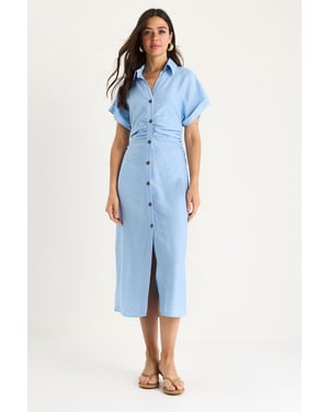 V-hals Midi Jurk met Knopsluiting