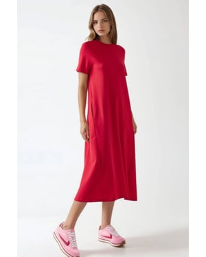 Korte mouwen Basis Midi-Jurk met Ronde Hals