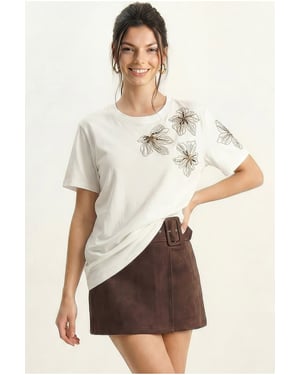 Bloemen Geborduurd T-shirt met Ronde Hals