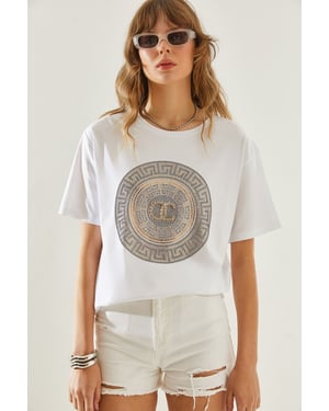 Geborduurde Geprinte Ronde Hals T-shirt