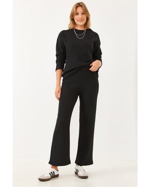 Ribbad Texturerad Crew Neck Tröja och Byxor Set