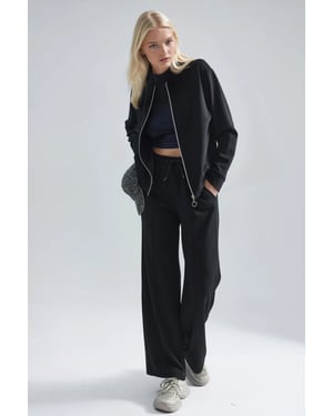 Modal Touch Sweater met Rits en Geribbelde Broek Set
