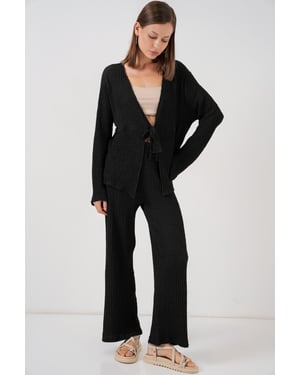 Gestructureerde V-hals Langwerpige Top & Flared Broek Twee-delige Set