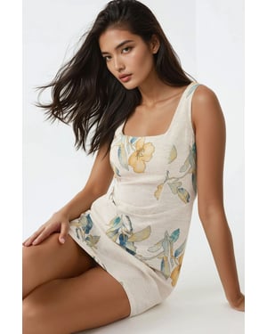 Square Neck Flower Pattern Linen Feel Mini Dress