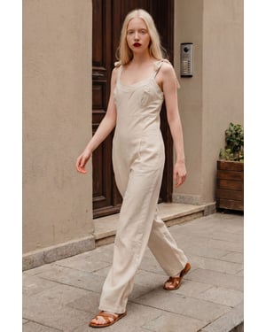 Linnenmix Jumpsuit met Hartvormige Halslijn