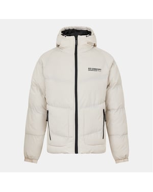 Men's NY Concept Conc Stowe Solid Patterned Hooded Zipped Pocket Puffer Jacket in Beige