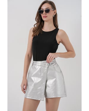 Höga Midja Metallisk Tyg Mini Shorts med Knäppning