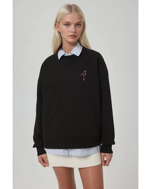Comfort Dierenpatroon Geborduurd Verhoogd Ronde Hals Sweatshirt