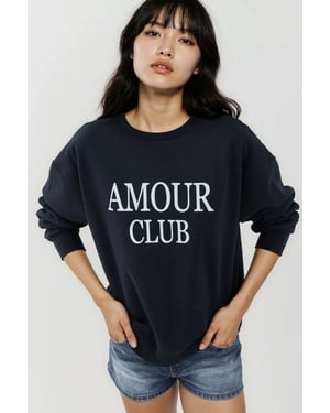 Printed Crew Neck Relaxed Fit Raised Sweatshirt