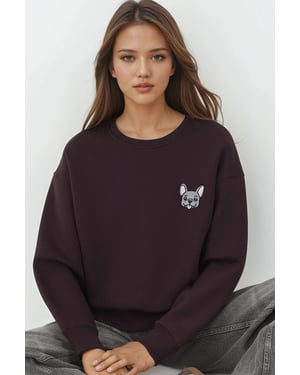 Comfort Dierenpatroon Geborduurde Verhoogde Ronde Hals Sweater