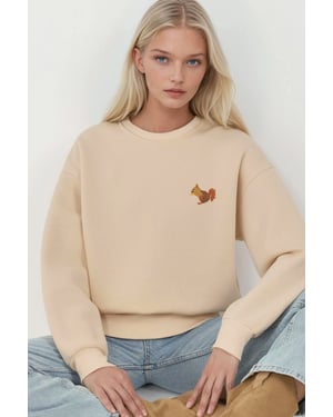 Comfort Dierenpatroon Geborduurde Verhoogde Ronde Hals Sweatshirt