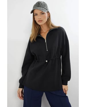 Zipper Collar Sweatshirt with Adjustable Waist