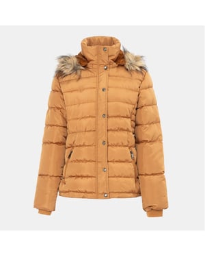 Women's I Saw It First Solid Patterned Hooded Snap Button Fur Trim Ribbed Cuff Parka Jacket in Yellow