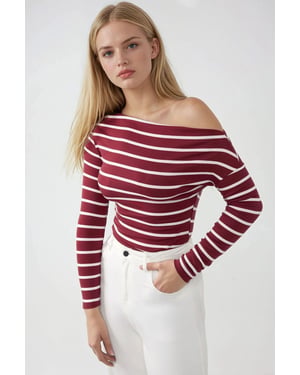 Gestreepte Off-Shoulder Lange Mouw Geribbelde Trui