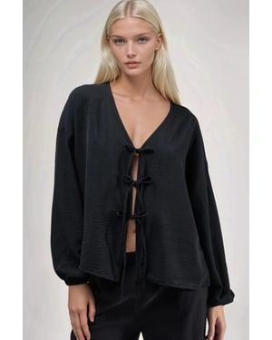 Oversized V-Neck Tie Closure Blouse