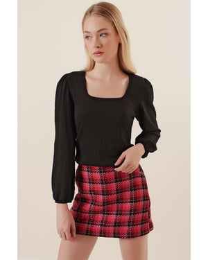 Getextureerde Vierkante Kraag Lange Mouwen Blouse