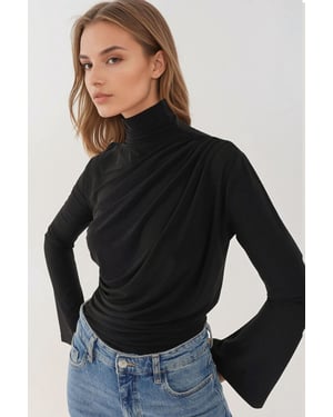 Draped Halflange Turtleneck Lange Mouw Slim Fit Top