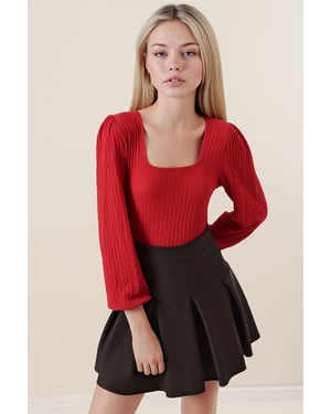 Gestructureerde Vierkante Kraag Lange Mouwen Blouse