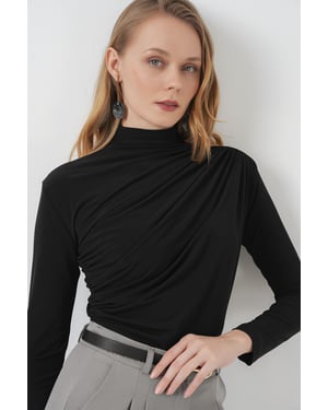 Fitted Turtleneck Blouse with Drape Detail