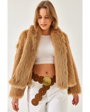 Faux Fur Korthårig Öppen Krage Kappa