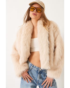 Faux Fur Korthalsad Öppen Krage Kappa