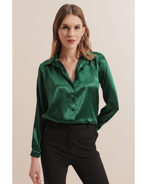 Satin långärmad skjorta med knappar