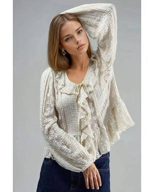 Laceshirt met V-hals en strik