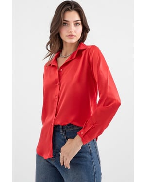 Satin Lange Mouw Knop-Up Shirt