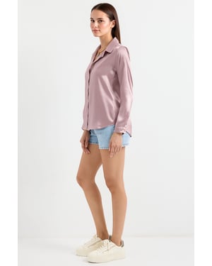 Satin Lange Mouw Knop-Up Shirt