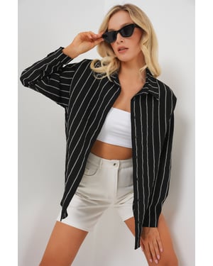 Gestreepte Oversized Blouse met Knopsluiting