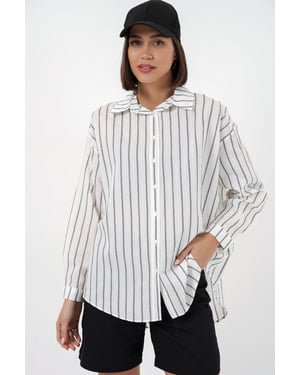 Gestructureerde Gestreepte Oversized Shirt met Knopsluiting