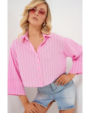 Oversized Striped Cropped Shirt with Button Closure