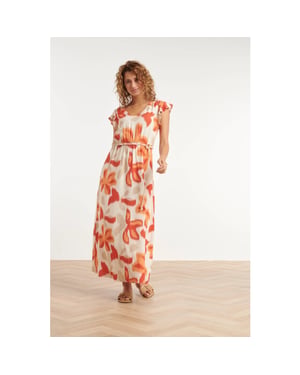 Smashed Lemon Lange jurk met oranje en beige bloem print en taillekoord |
