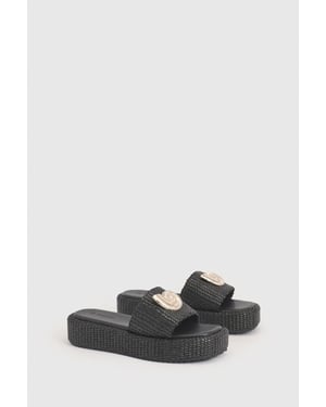 Shell Trim Detail Raffia Flatform Sandals
