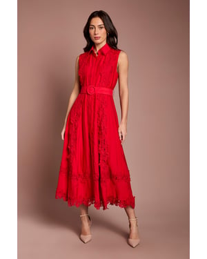 Lace Panelled Belted Sleeveless Shirt Dress