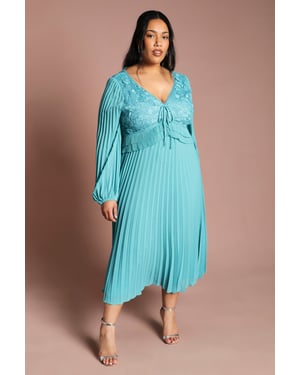 Plus Lace Insert Long Sleeve Pleat Dress